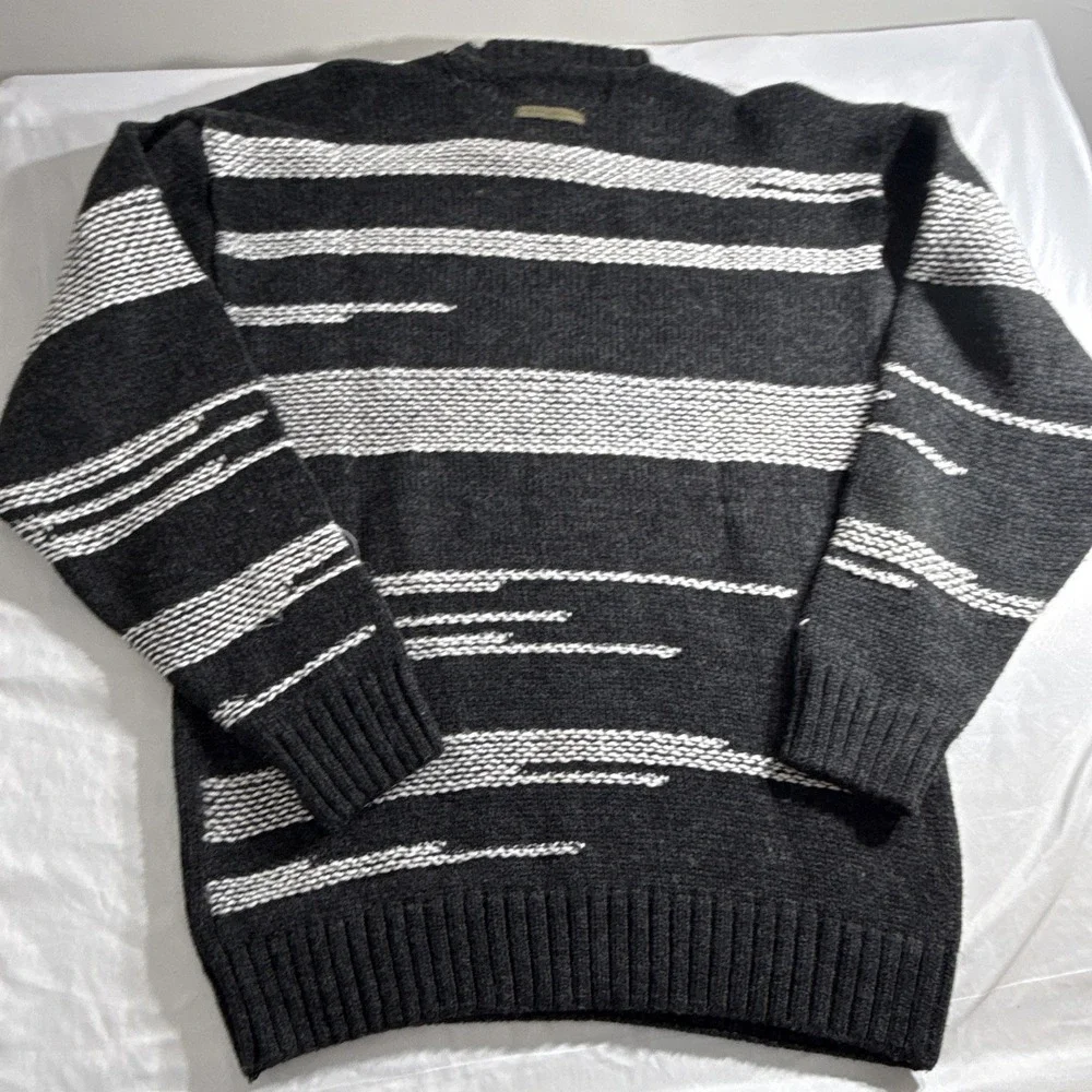 Phat Farm Mens Gray White Acrylic Wool Knit Striped Logo Sweater 2XL PSM23M12302